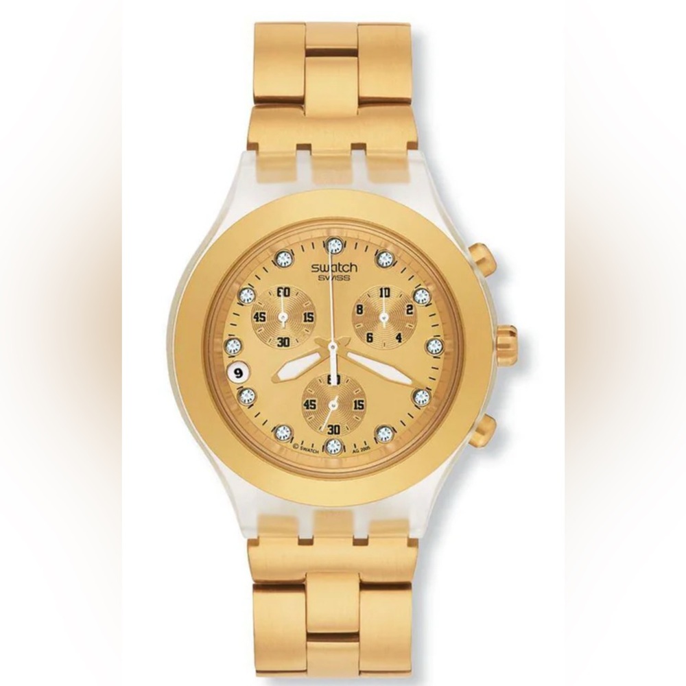Swatch IRONY diaphane Watch with gold links. Good Condition no battery